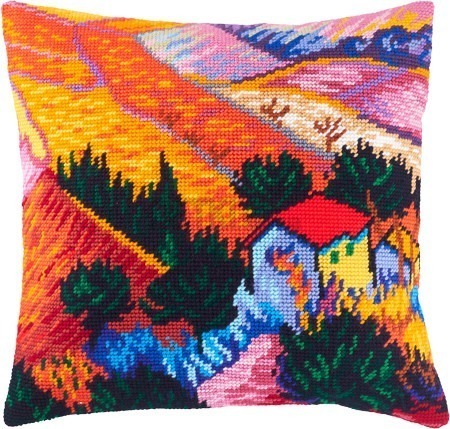 Набір для вишивання подушки Пейзаж з будинком  Ван Гог 40×40 см (страмін) напівхрест, лицьова сторона