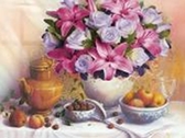 Алмазная вышивка на подрамнике Лилии с розами 40x50 см, (на подрамнике) круглые камни, полная