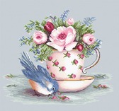 Набір для вишивання хрестиком Пташка та чашка чаю 27,5 х 23,5 см (  канва Zweigart Belana 20 ct )