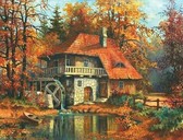 Алмазная вышивка на подрамнике Дом с мельницей 40x50 см, (на подрамнике) круглые камни, полная