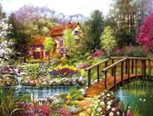 Алмазная вышивка на подрамнике Мостик и домик 40x50 см, (на подрамнике) круглые камни, полная