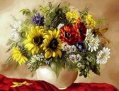 Алмазная вышивка на подрамнике Букет на красном столе 40x50 см, (на подрамнике) круглые камни, полная