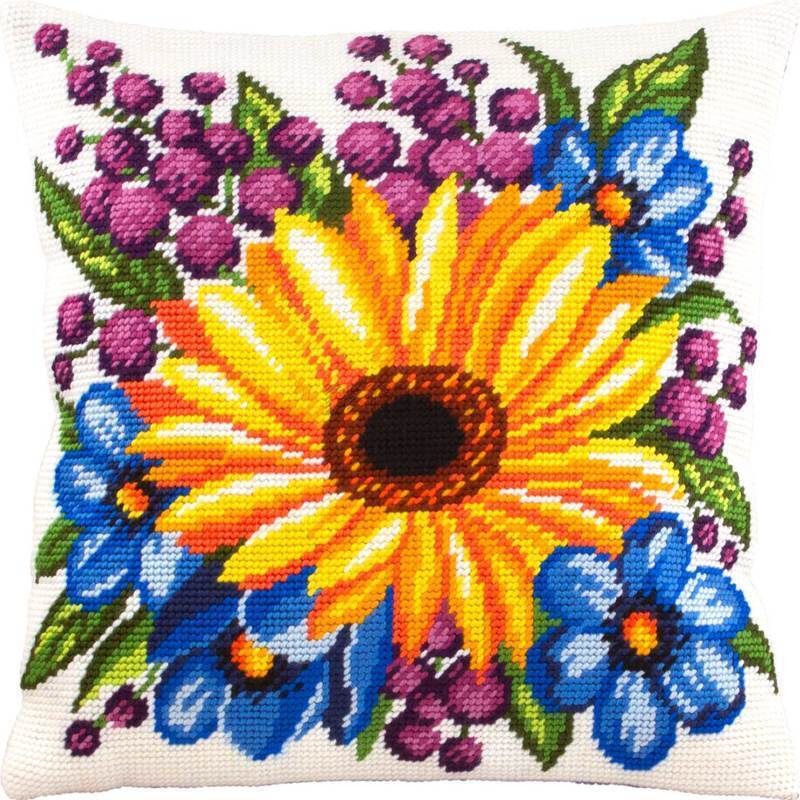 Набір для вишивання подушки Соняшник та квіти 40x40 см (страмін) напівхрест, лицьова сторона