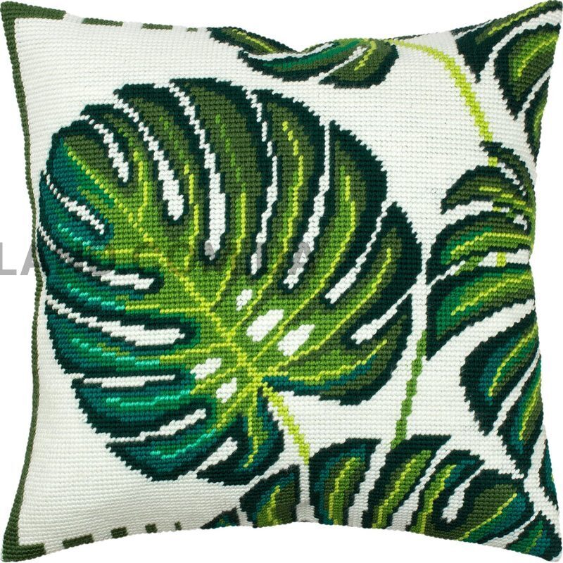 Набір для вишивання подушки Тропічні листя 40x40 см (страмін) напівхрест, лицьова сторона