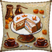 Набір для вишивання подушки Кава та мандариновий торт 40x40 см (страмін) напівхрест, лицьова сторона