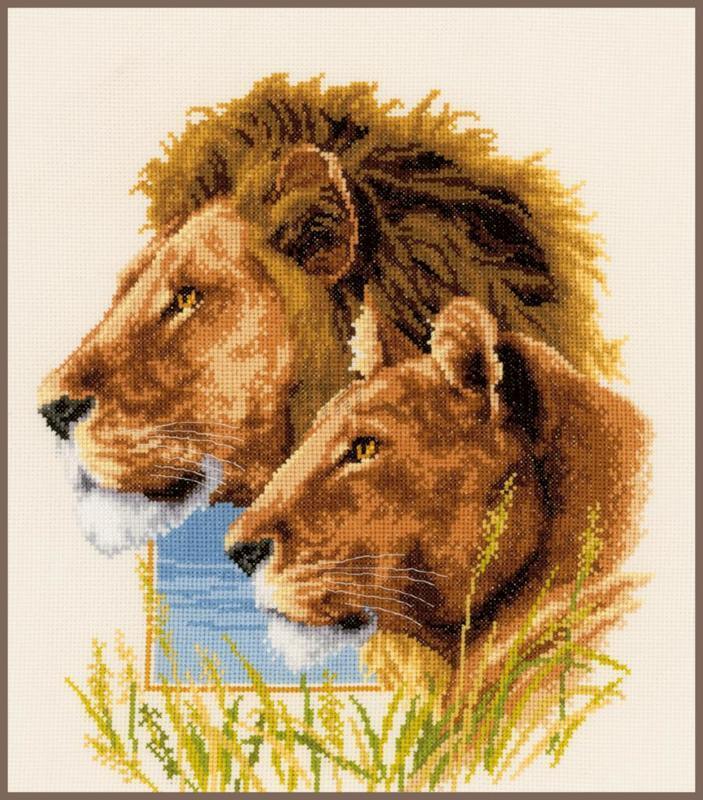 Набір для вишивання хрестиком Пара левів 29x33 см (часткова вишивка)