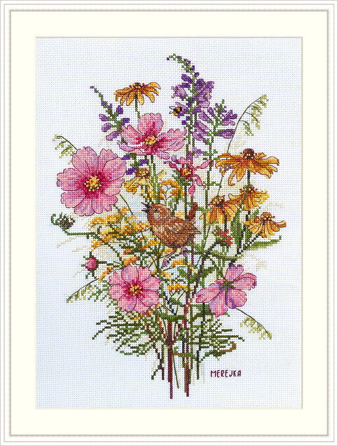 Набір для вишивання хрестиком Вересневі квіти та кропив'янка 30х21 см (повна зашивка)