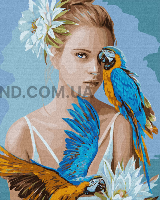 Картина по номерам Дівчина з блакитними папугами 40 х 50 см