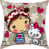 Набір для вишивання подушки Дівчинка і кошеня 40×40 см (страмін) напівхрест, лицьова сторона