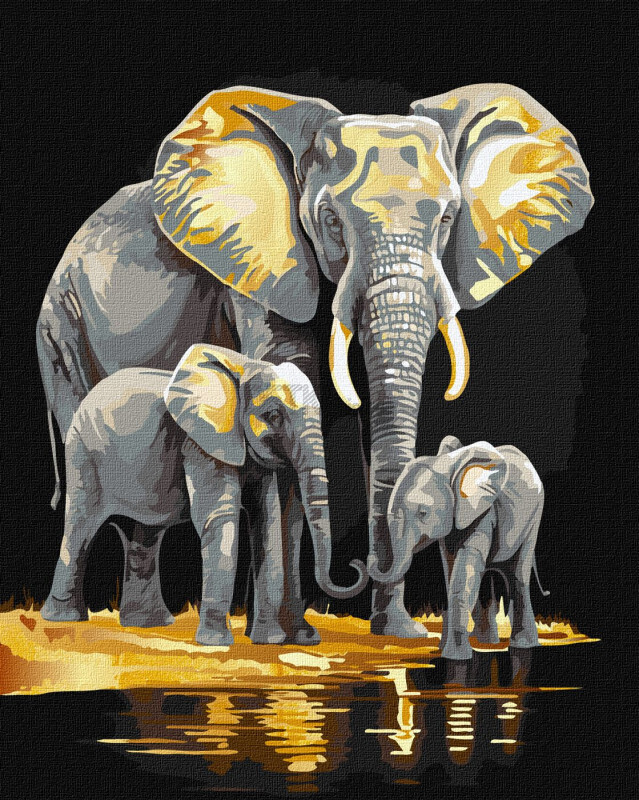 Картина по номерам Сімейство слонів з фарбами металік 40 х 50 см